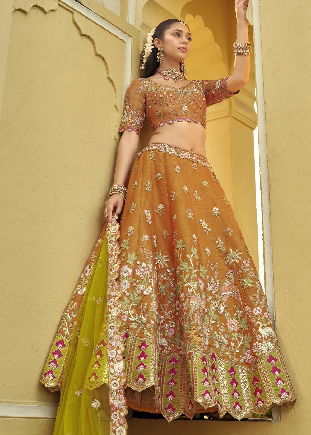 Mustard Yellow Banarasi Silk Embroidered Lehenga Choli with Heavy Cut Work & Mirror Detailing