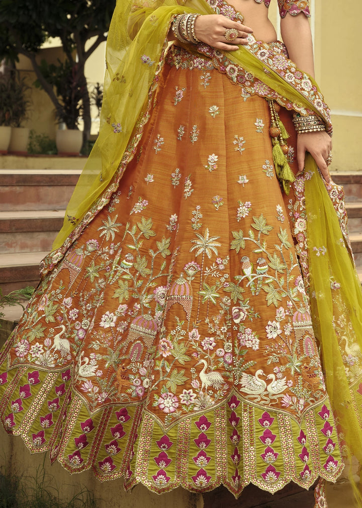 Mustard Yellow Banarasi Silk Embroidered Lehenga Choli with Heavy Cut Work & Mirror Detailing