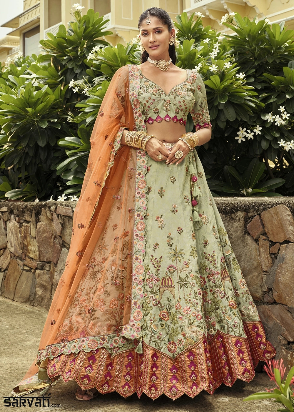 Tea Green Banarasi Silk Embroidered Lehenga Choli with Heavy Cut Work & Mirror Detailing