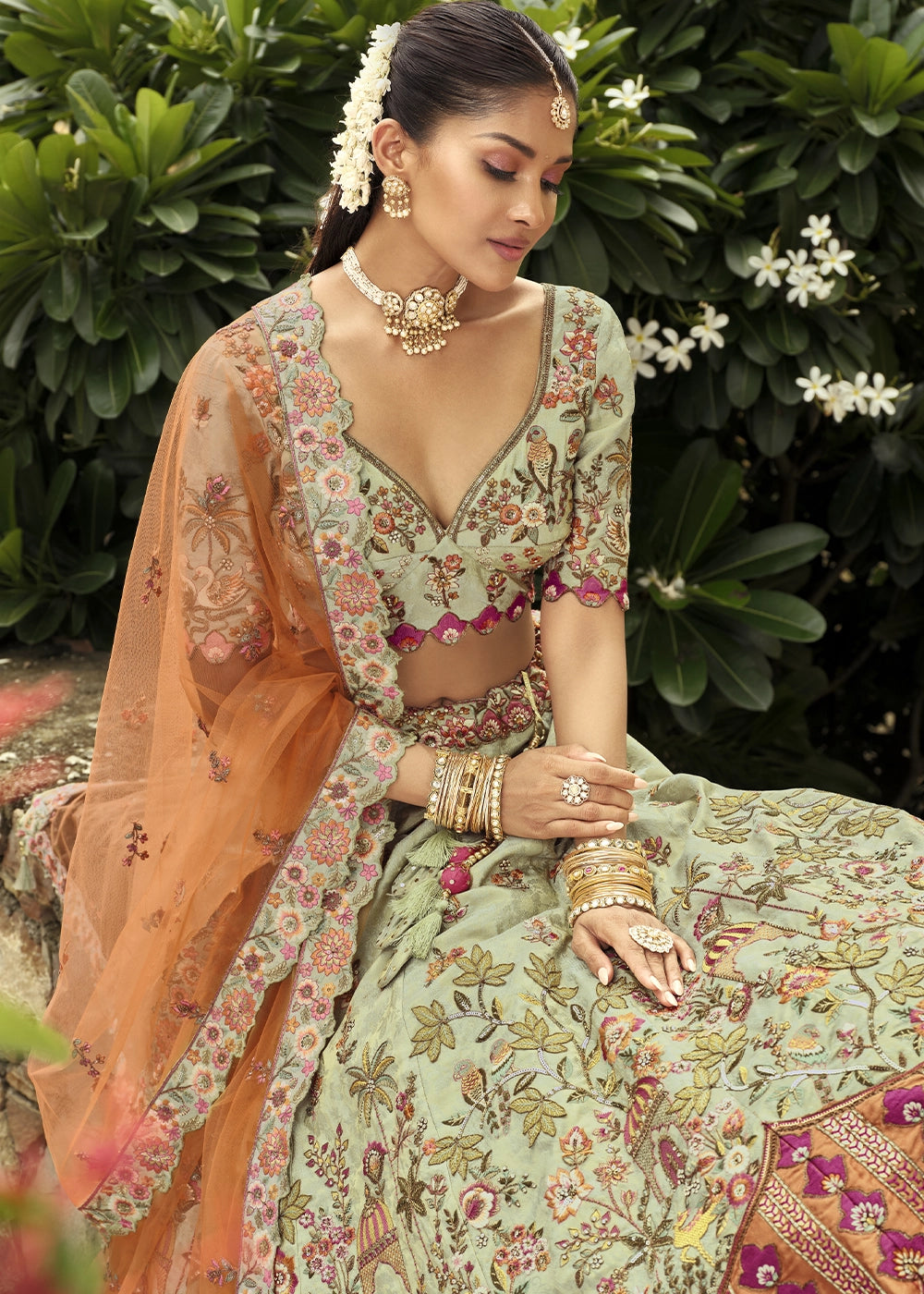 Tea Green Banarasi Silk Embroidered Lehenga Choli with Heavy Cut Work & Mirror Detailing