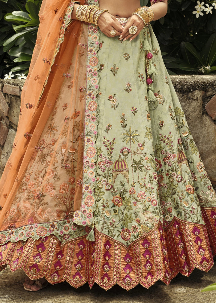 Tea Green Banarasi Silk Embroidered Lehenga Choli with Heavy Cut Work & Mirror Detailing