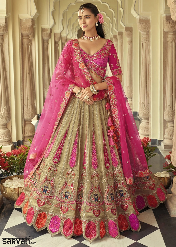 Brown & Pink Banarasi Silk Embroidered Lehenga Choli with Heavy Cut Work & Mirror Detailing