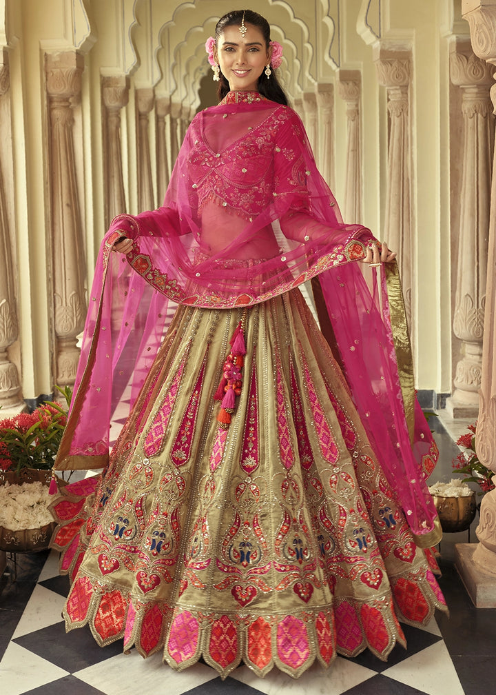 Brown & Pink Banarasi Silk Embroidered Lehenga Choli with Heavy Cut Work & Mirror Detailing