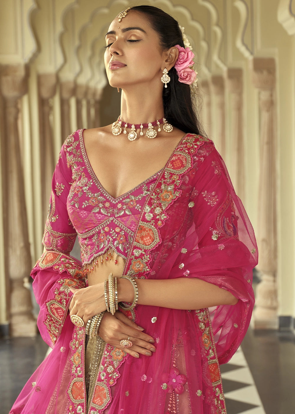 Brown & Pink Banarasi Silk Embroidered Lehenga Choli with Heavy Cut Work & Mirror Detailing