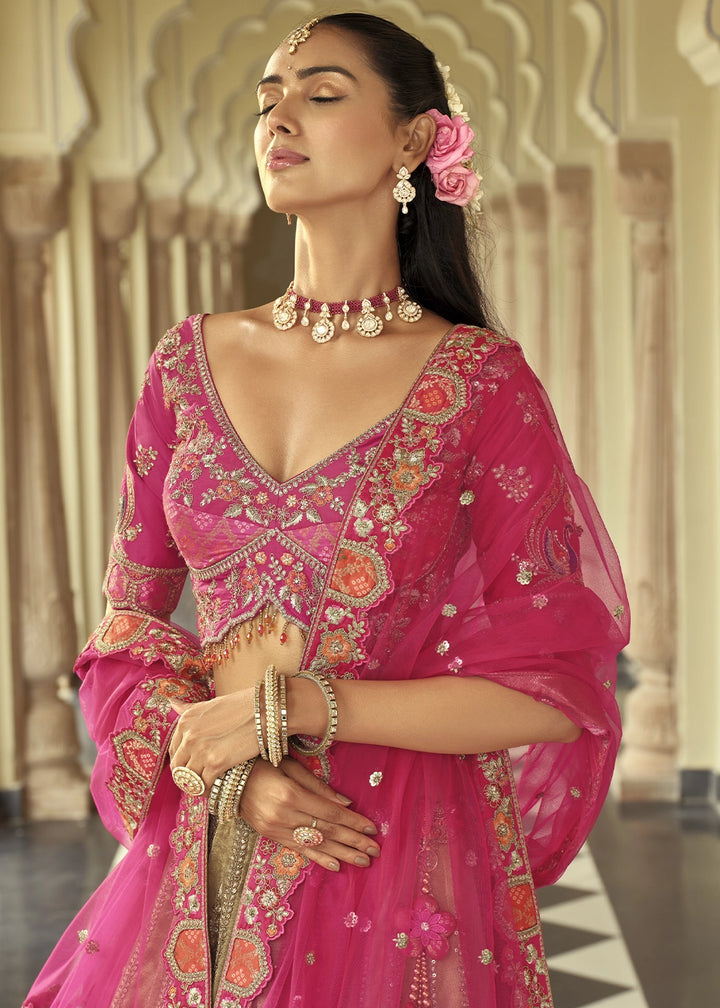 Brown & Pink Banarasi Silk Embroidered Lehenga Choli with Heavy Cut Work & Mirror Detailing