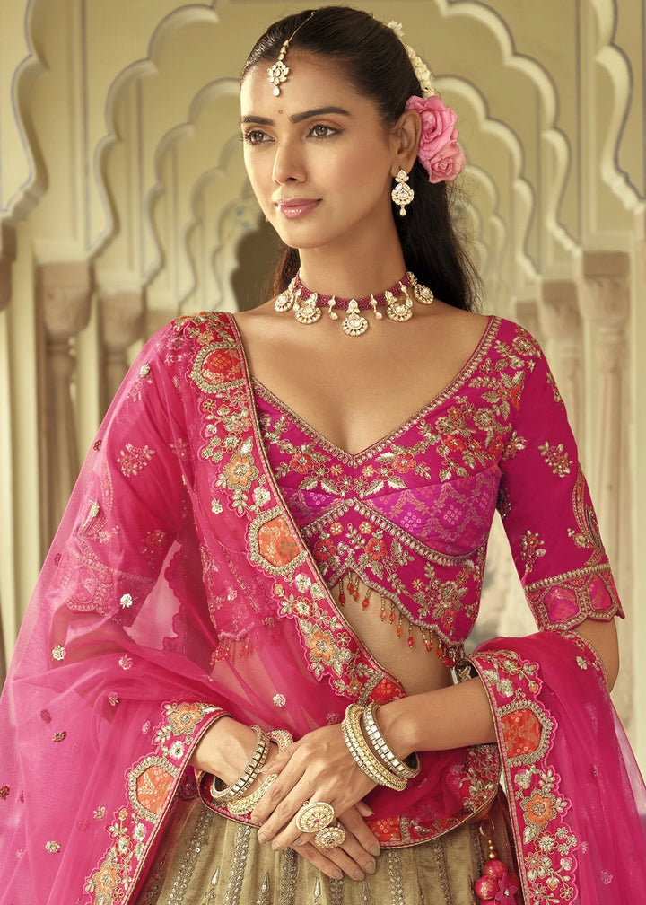 Brown & Pink Banarasi Silk Embroidered Lehenga Choli with Heavy Cut Work & Mirror Detailing