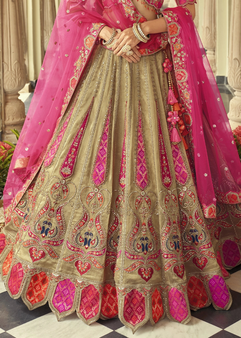 Brown & Pink Banarasi Silk Embroidered Lehenga Choli with Heavy Cut Work & Mirror Detailing