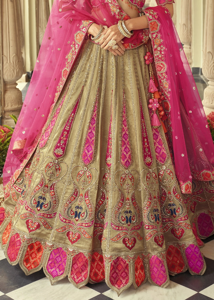 Brown & Pink Banarasi Silk Embroidered Lehenga Choli with Heavy Cut Work & Mirror Detailing