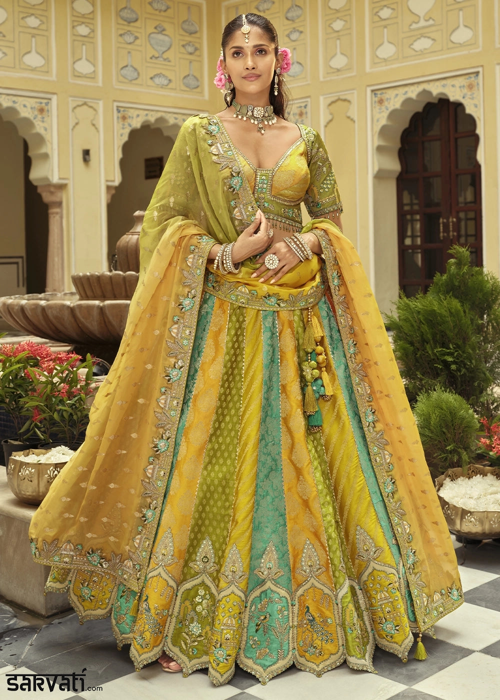Green & Yellow Banarasi Silk Embroidered Lehenga Choli with Heavy Cut Work & Mirror Detailing