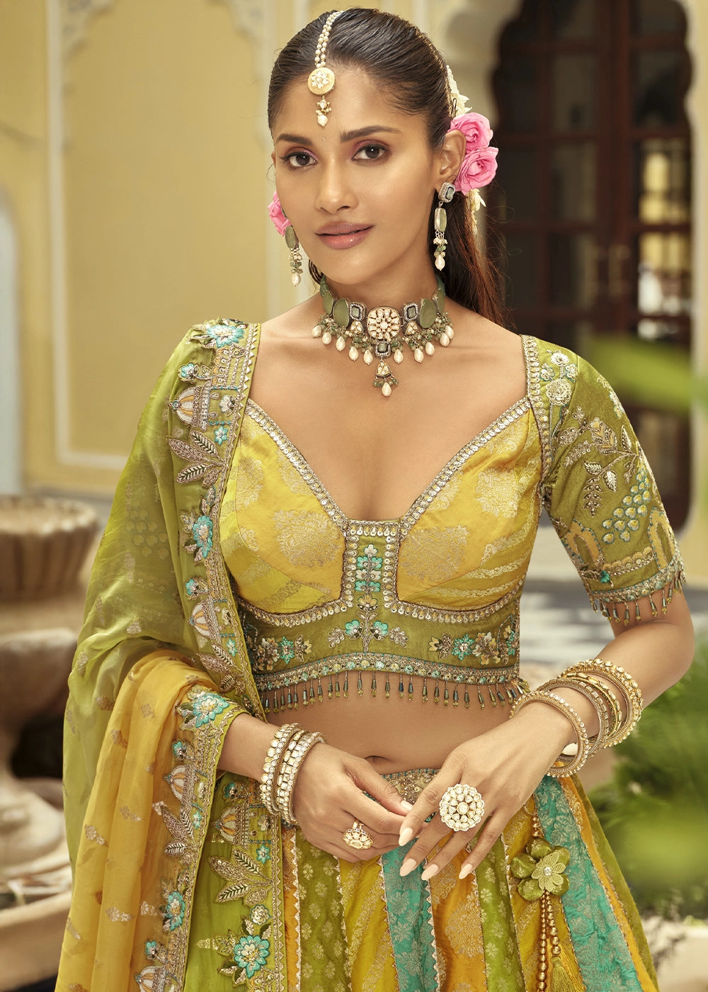 Green & Yellow Banarasi Silk Embroidered Lehenga Choli with Heavy Cut Work & Mirror Detailing