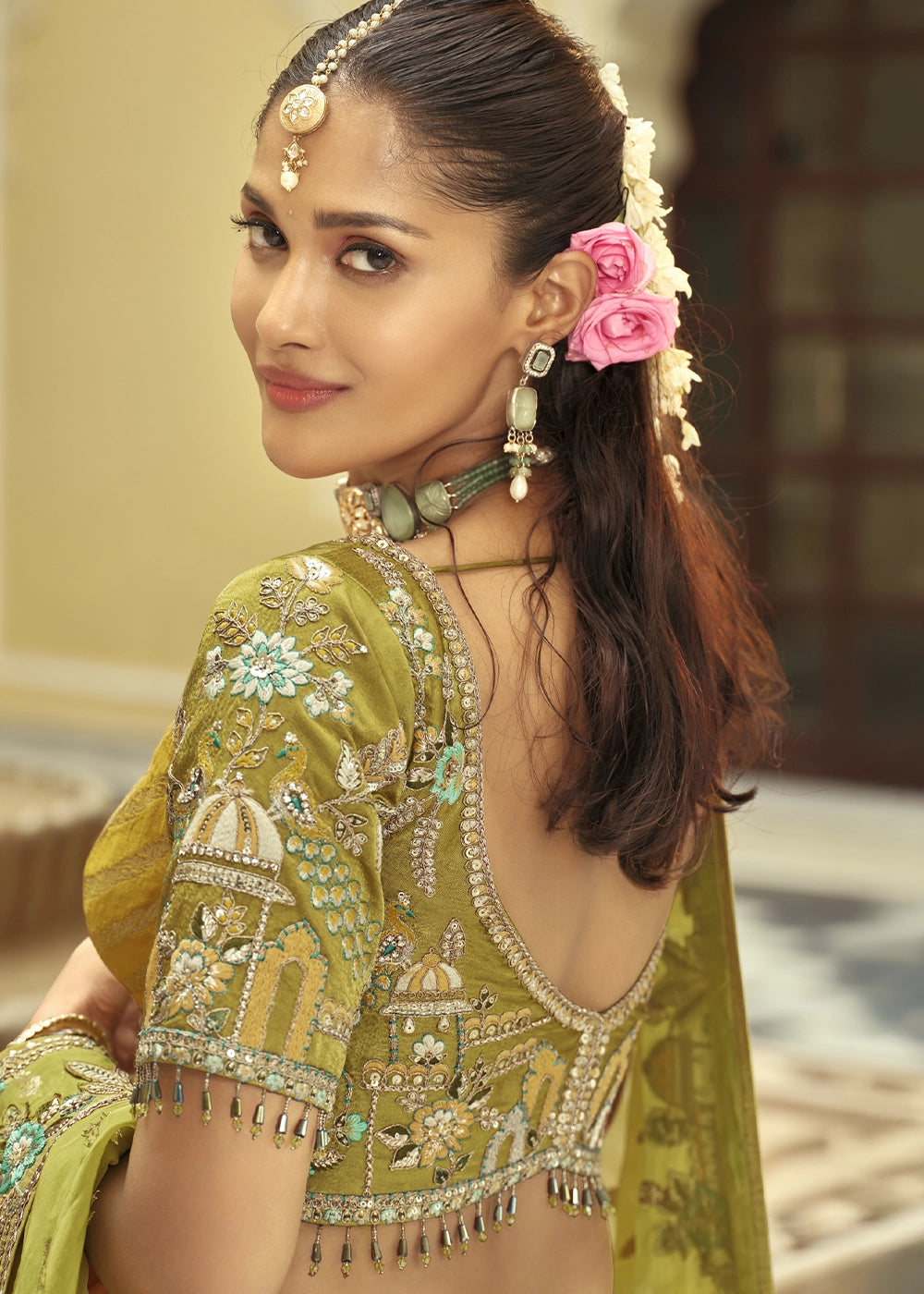 Green & Yellow Banarasi Silk Embroidered Lehenga Choli with Heavy Cut Work & Mirror Detailing