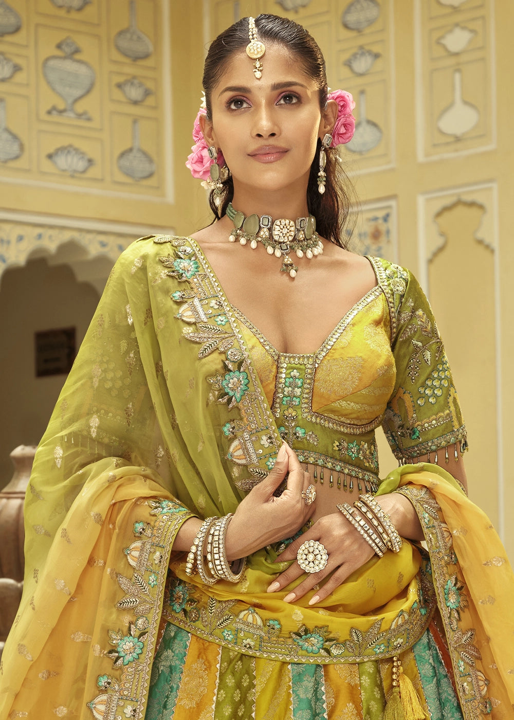 Green & Yellow Banarasi Silk Embroidered Lehenga Choli with Heavy Cut Work & Mirror Detailing