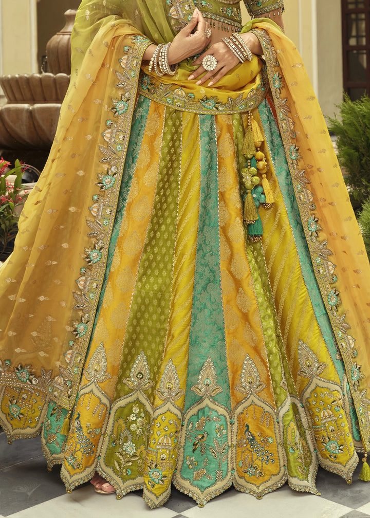 Green & Yellow Banarasi Silk Embroidered Lehenga Choli with Heavy Cut Work & Mirror Detailing
