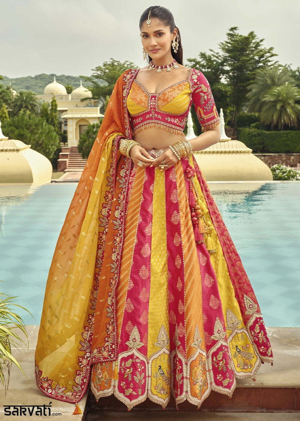Pink & Yellow Banarasi Silk Embroidered Lehenga Choli with Heavy Cut Work & Mirror Detailing
