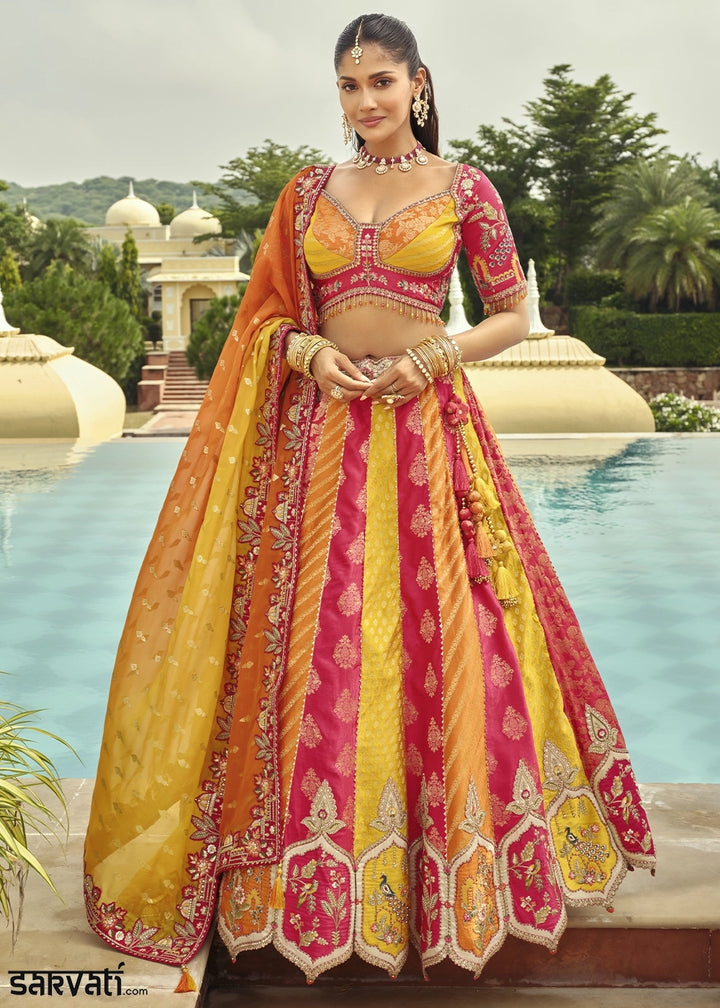 Pink & Yellow Banarasi Silk Embroidered Lehenga Choli with Heavy Cut Work & Mirror Detailing