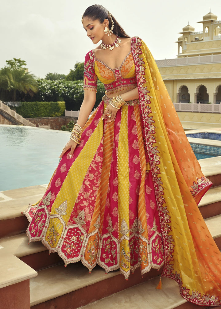 Pink & Yellow Banarasi Silk Embroidered Lehenga Choli with Heavy Cut Work & Mirror Detailing