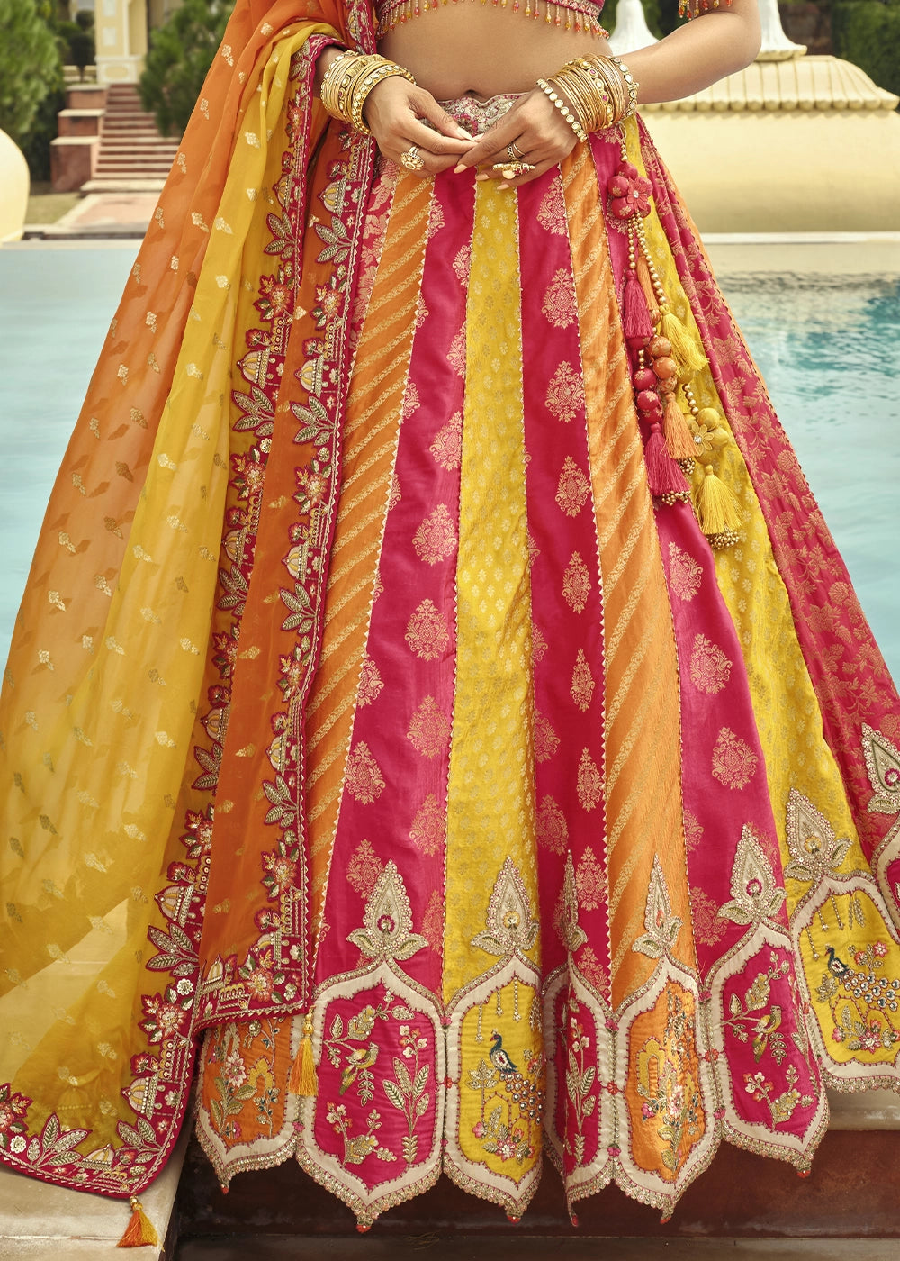 Pink & Yellow Banarasi Silk Embroidered Lehenga Choli with Heavy Cut Work & Mirror Detailing
