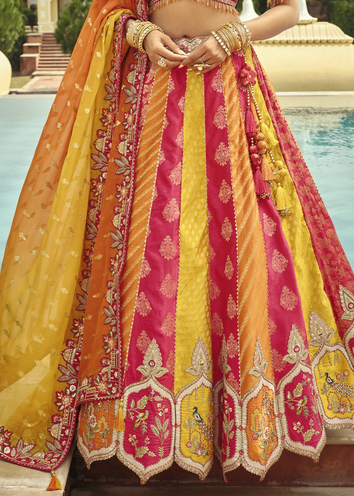 Pink & Yellow Banarasi Silk Embroidered Lehenga Choli with Heavy Cut Work & Mirror Detailing