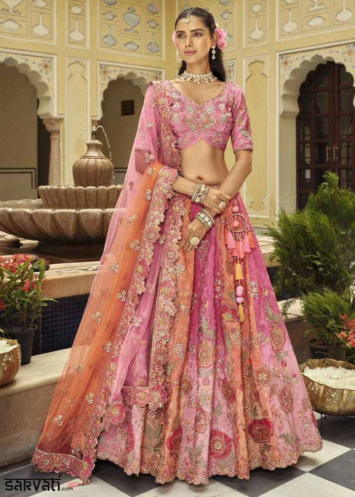 Shades Of Pink Banarasi Silk Embroidered Lehenga Choli with Heavy Cut Work & Mirror Detailing