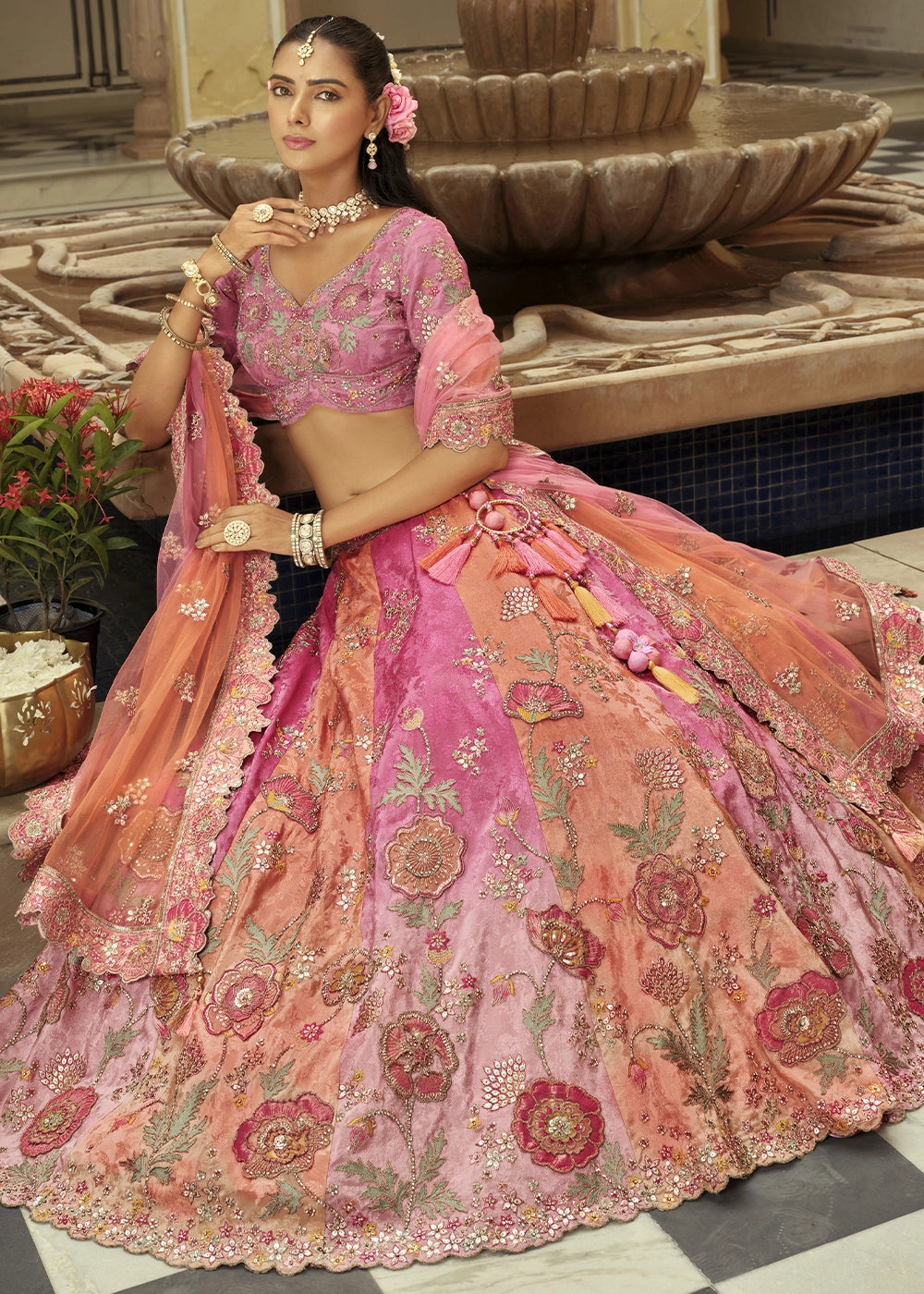 Shades Of Pink Banarasi Silk Embroidered Lehenga Choli with Heavy Cut Work & Mirror Detailing