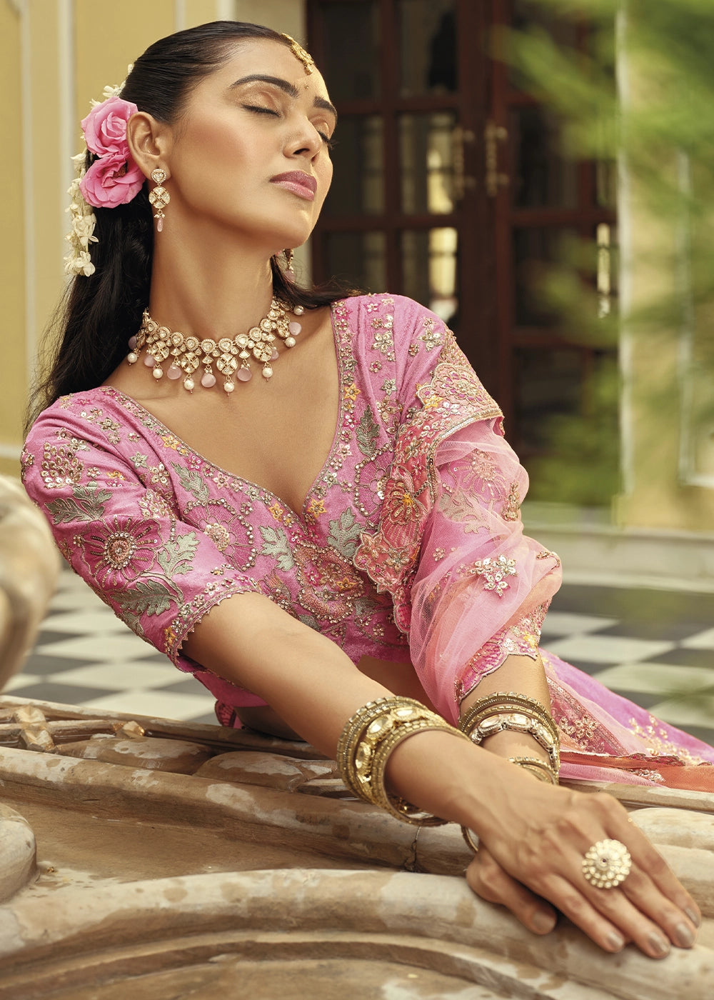 Shades Of Pink Banarasi Silk Embroidered Lehenga Choli with Heavy Cut Work & Mirror Detailing