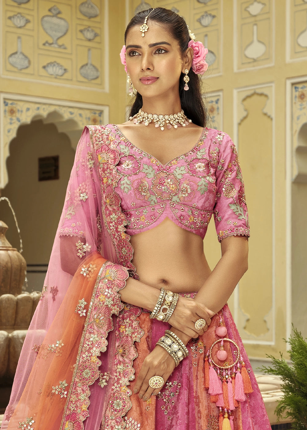 Shades Of Pink Banarasi Silk Embroidered Lehenga Choli with Heavy Cut Work & Mirror Detailing