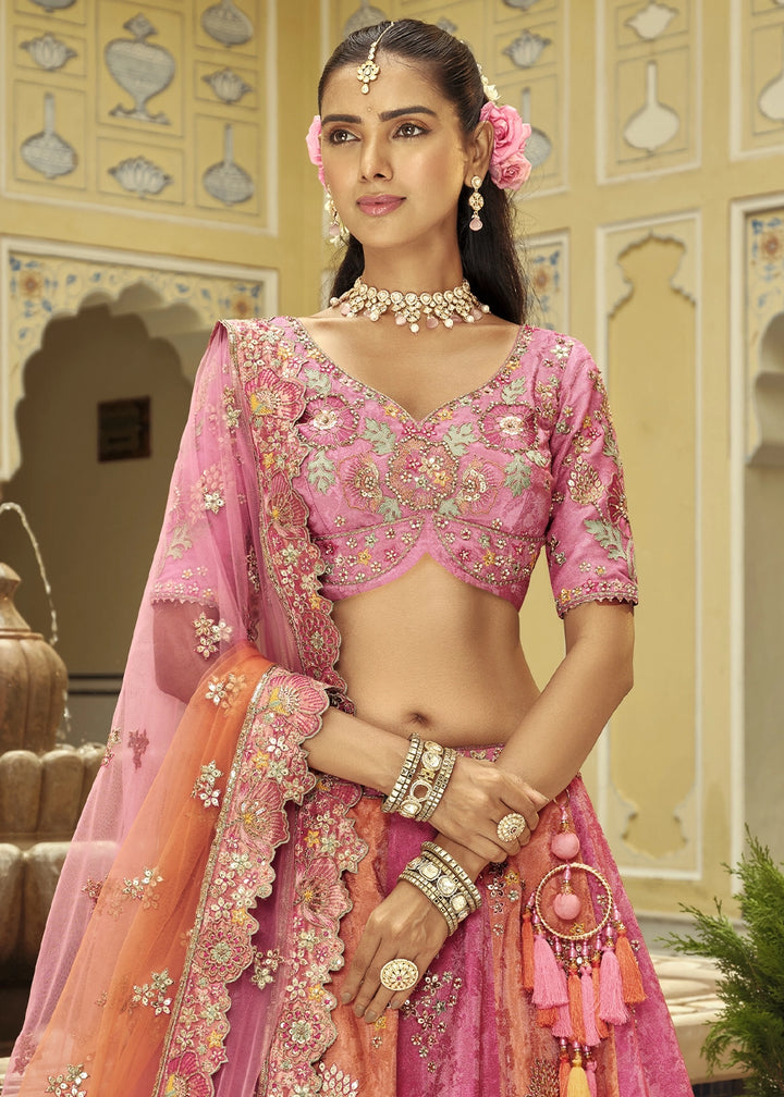 Shades Of Pink Banarasi Silk Embroidered Lehenga Choli with Heavy Cut Work & Mirror Detailing