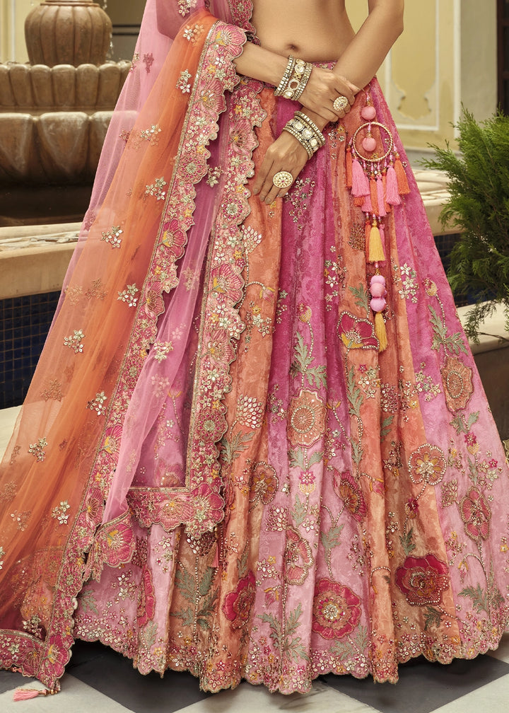 Shades Of Pink Banarasi Silk Embroidered Lehenga Choli with Heavy Cut Work & Mirror Detailing