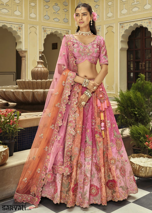 Shades Of Pink Banarasi Silk Embroidered Lehenga Choli with Heavy Cut Work & Mirror Detailing