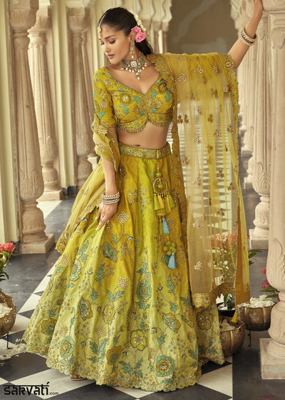 Shades Of Green Banarasi Silk Embroidered Lehenga Choli with Heavy Cut Work & Mirror Detailing