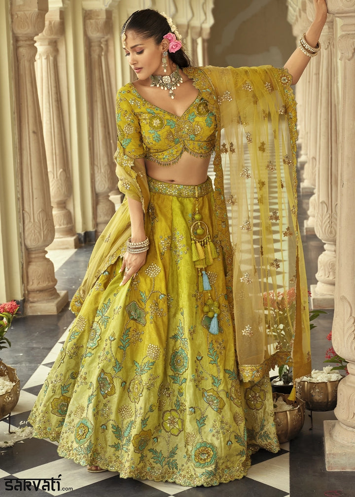 Shades Of Green Banarasi Silk Embroidered Lehenga Choli with Heavy Cut Work & Mirror Detailing