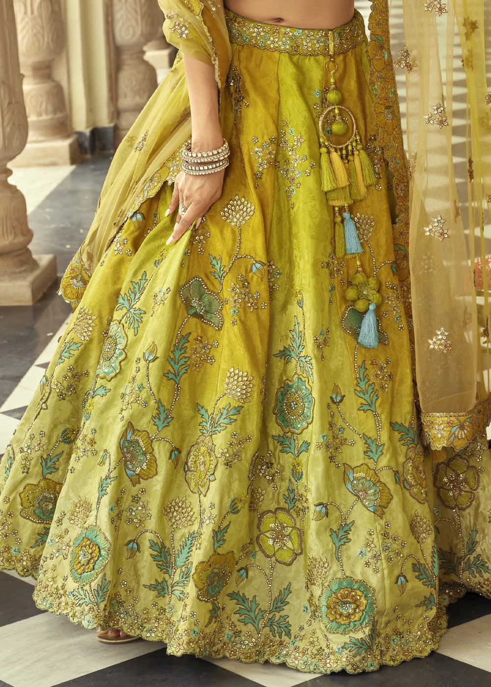 Shades Of Green Banarasi Silk Embroidered Lehenga Choli with Heavy Cut Work & Mirror Detailing