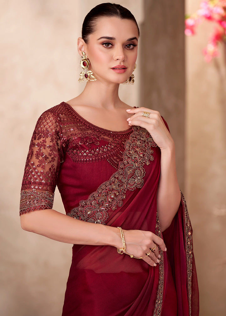 Maroon Red Chiffon Saree with Ombre Effect and Embroidery