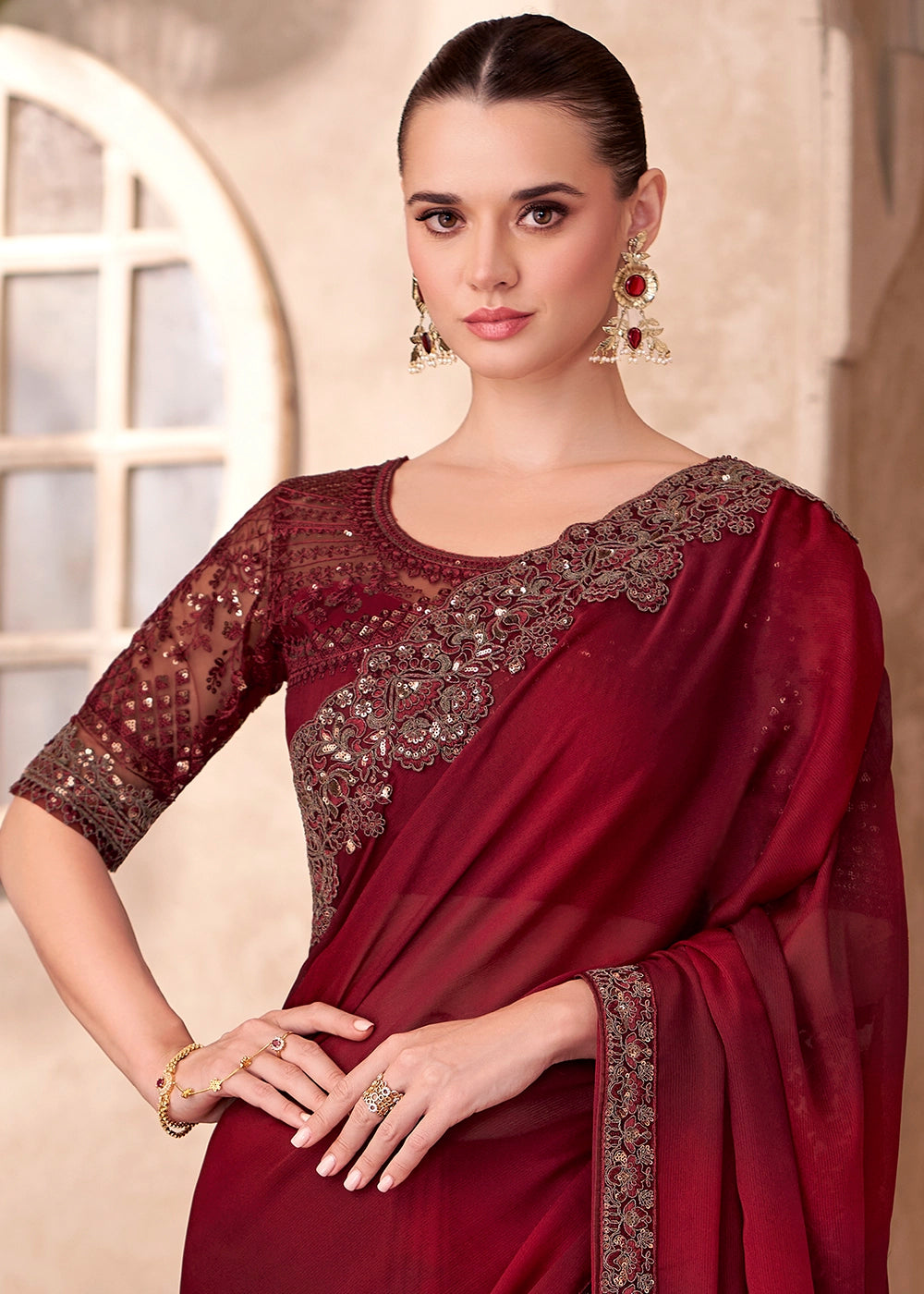 Maroon Red Chiffon Saree with Ombre Effect and Embroidery