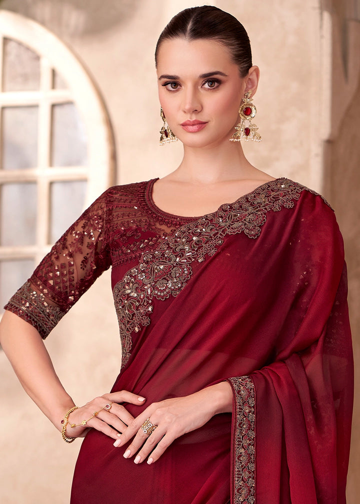 Maroon Red Chiffon Saree with Ombre Effect and Embroidery