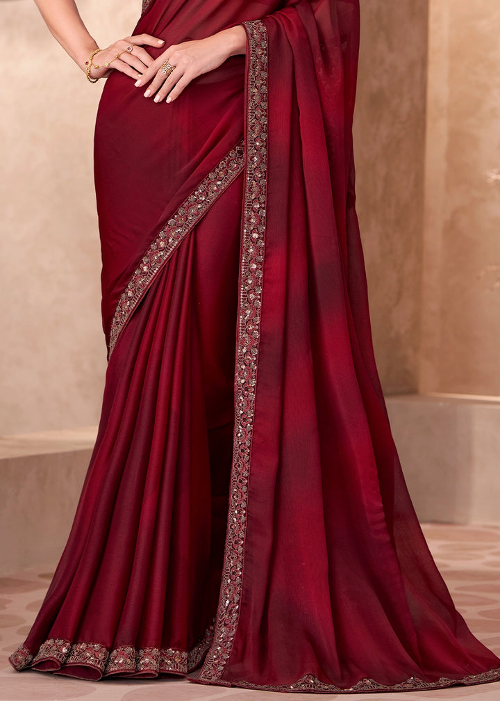 Maroon Red Chiffon Saree with Ombre Effect and Embroidery