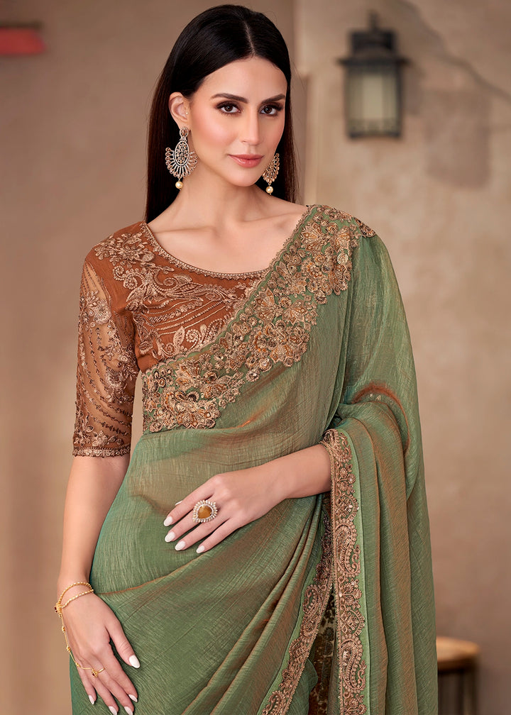 Pickle Green Designer Saree in Georgette with Blouse Detailing