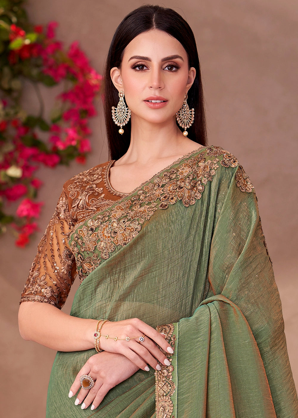 Pickle Green Designer Saree in Georgette with Blouse Detailing