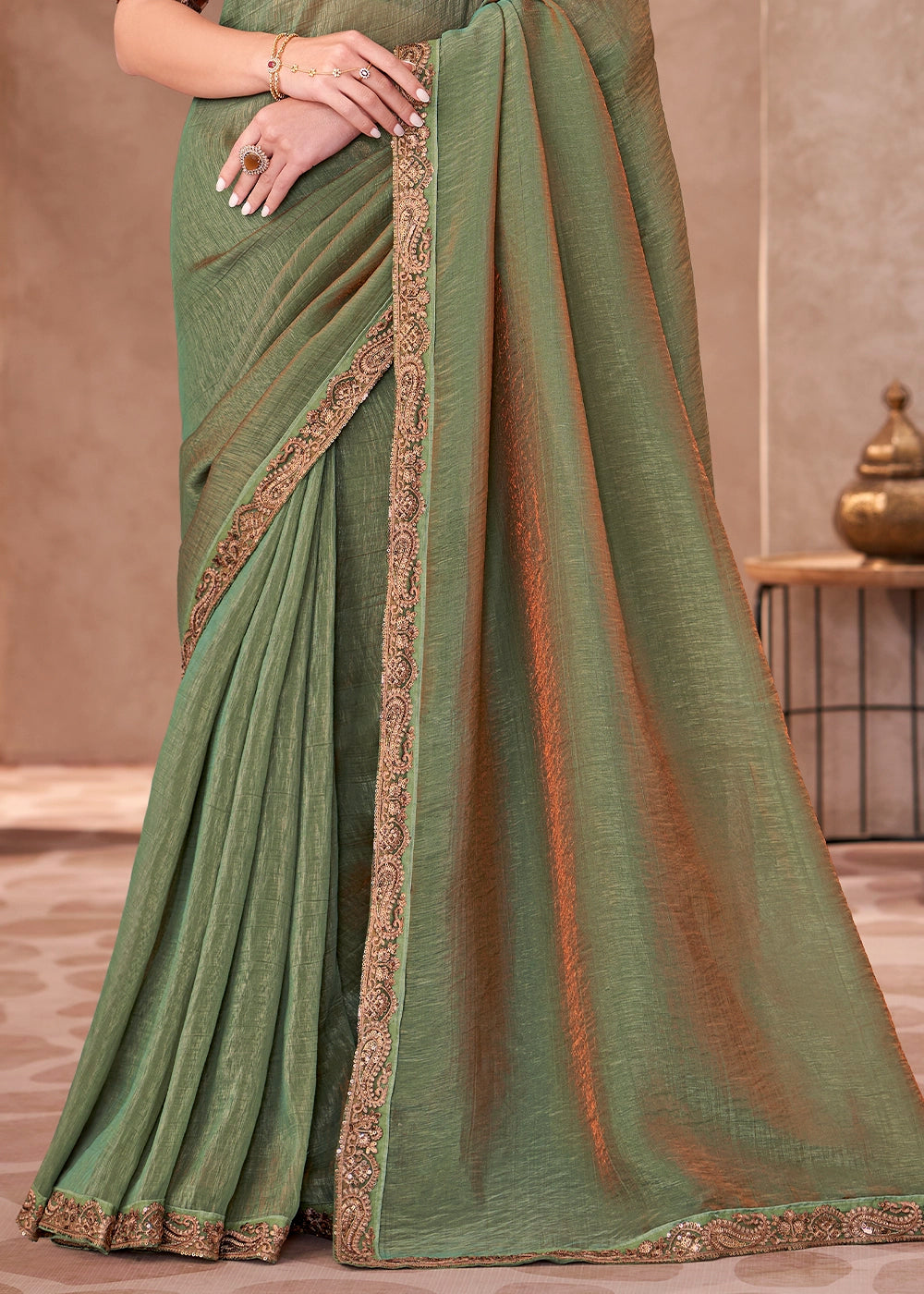 Pickle Green Designer Saree in Georgette with Blouse Detailing