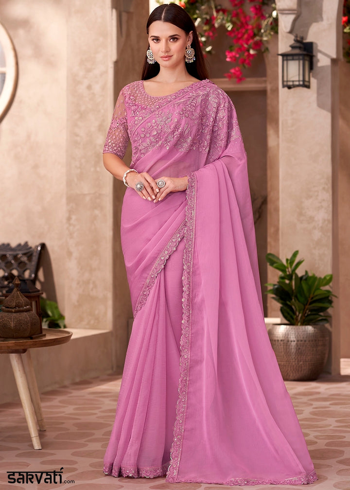 Neon Pink Designer Saree in Chiffon with Blouse Detailing