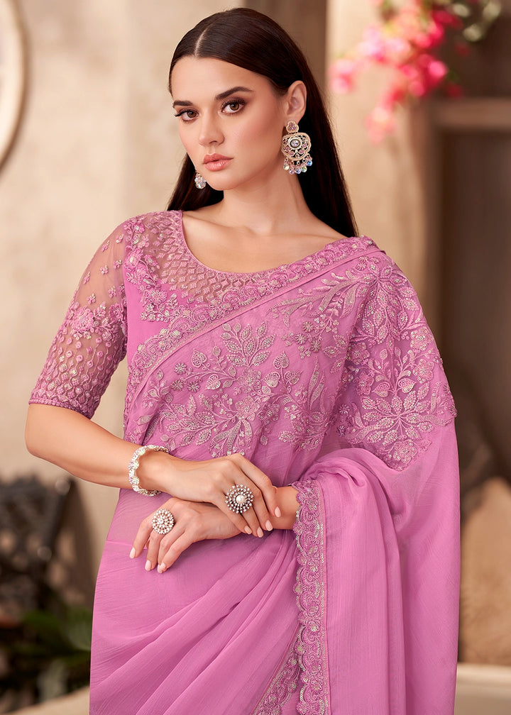 Neon Pink Designer Saree in Chiffon with Blouse Detailing