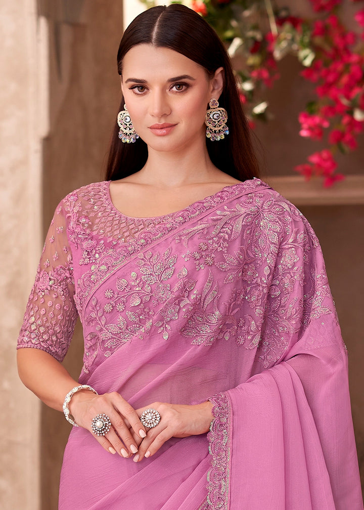 Neon Pink Designer Saree in Chiffon with Blouse Detailing