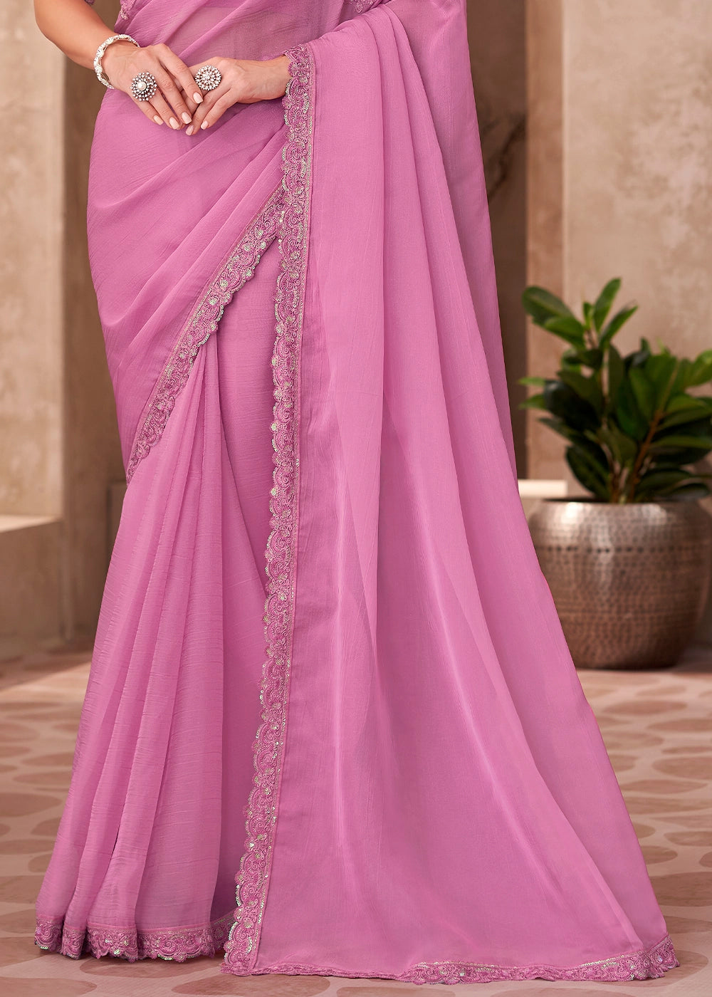 Neon Pink Designer Saree in Chiffon with Blouse Detailing