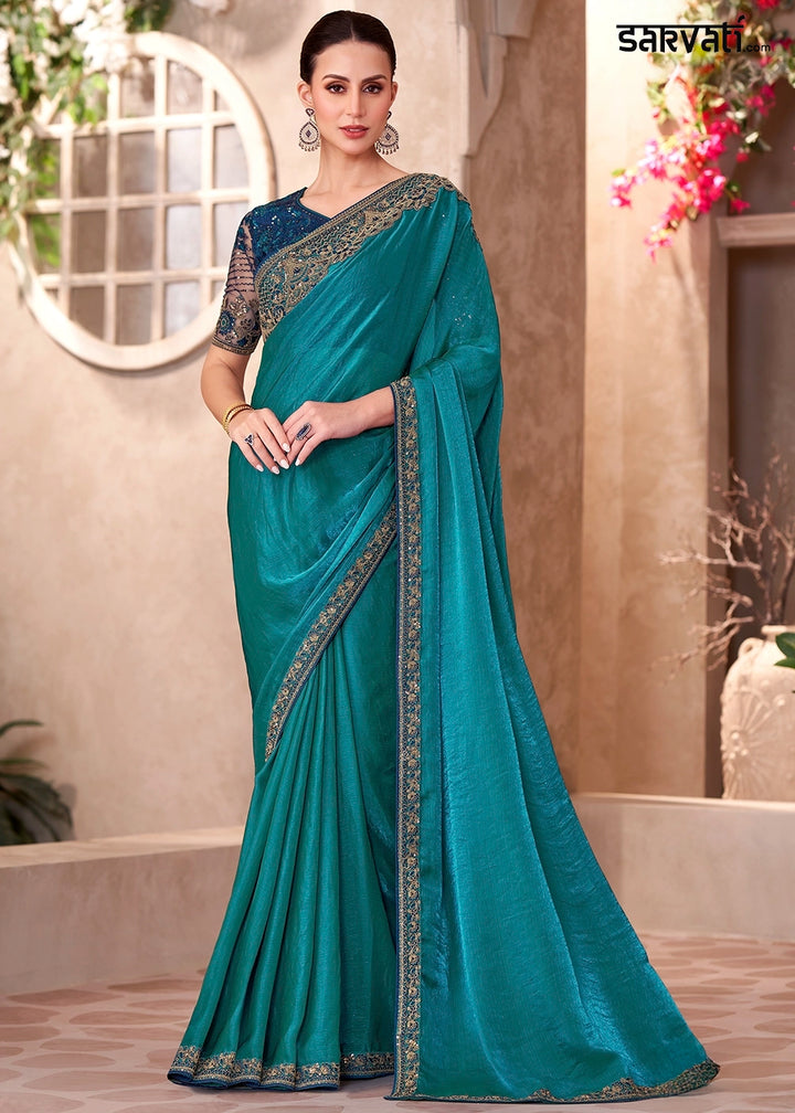 Peacock Blue Satin Georgette Saree with Heavy Embroidered Designer Blouse