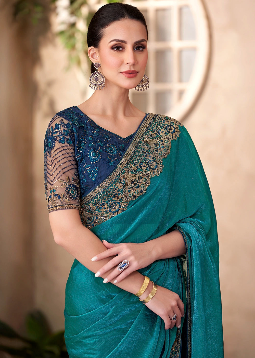 Peacock Blue Satin Georgette Saree with Heavy Embroidered Designer Blouse