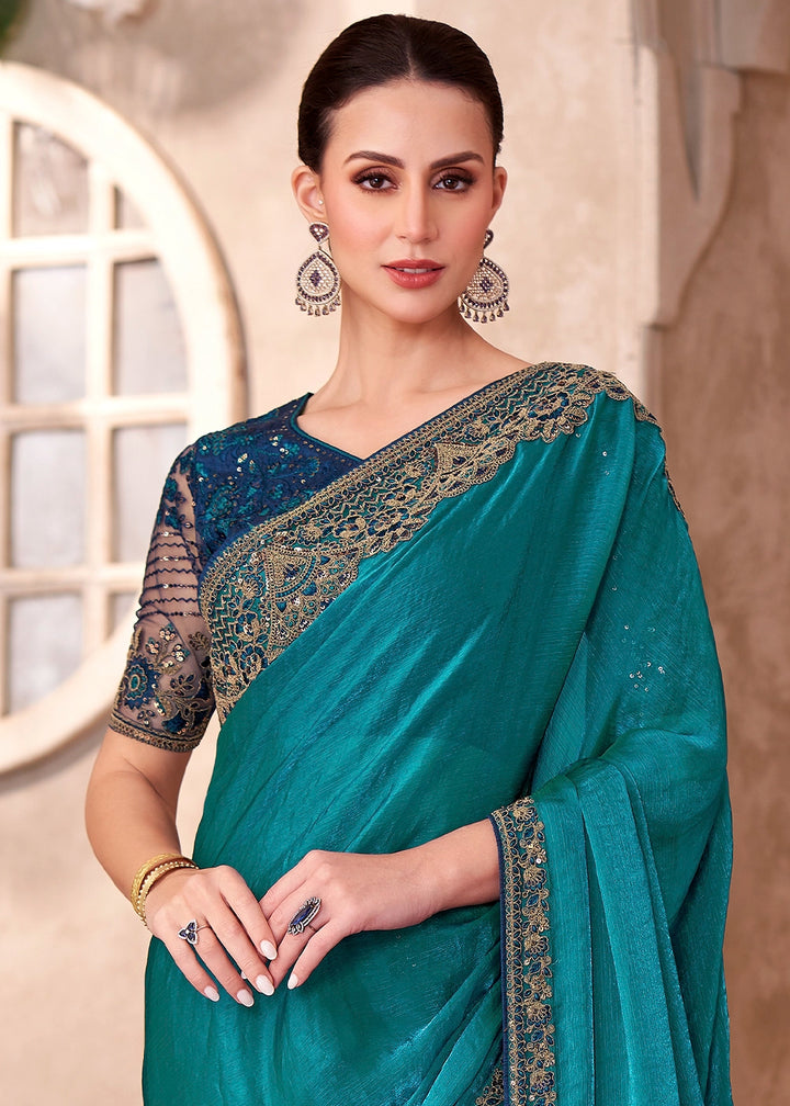 Peacock Blue Satin Georgette Saree with Heavy Embroidered Designer Blouse