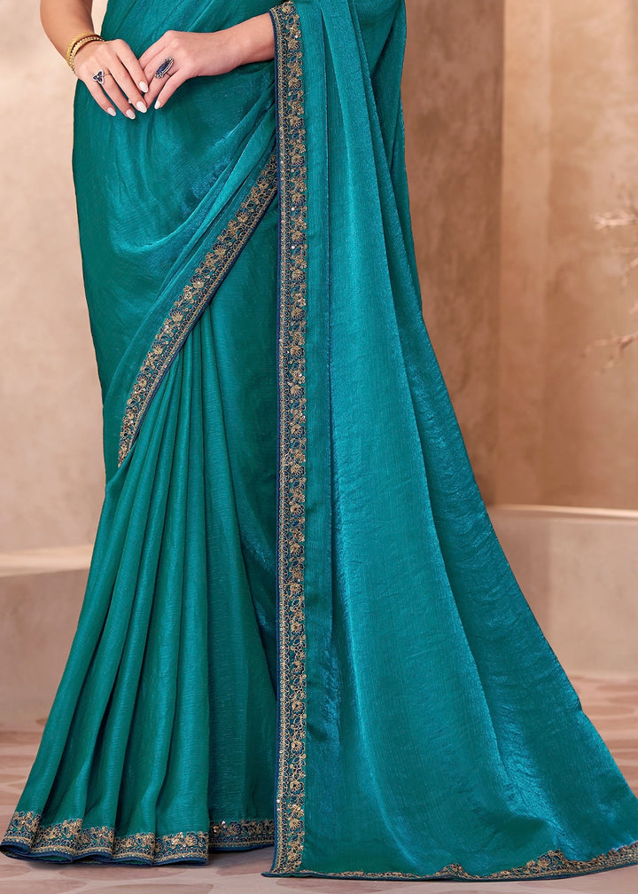 Peacock Blue Satin Georgette Saree with Heavy Embroidered Designer Blouse