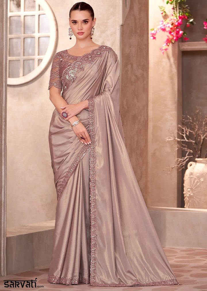 Pale Purple Shimmer Silk Crepe Saree with Embroidered Designer Blouse