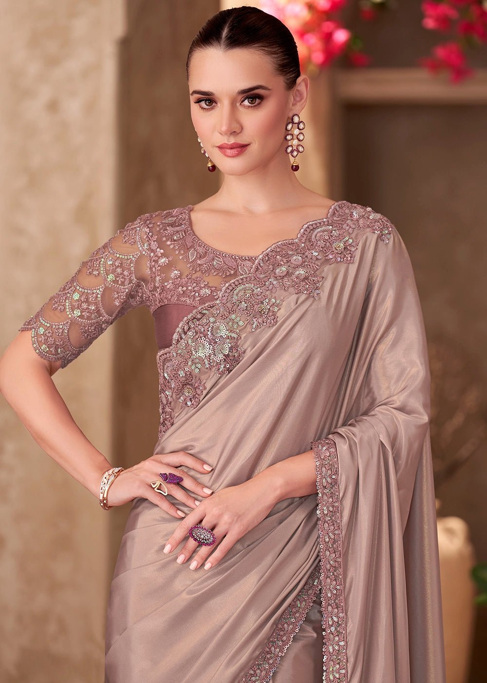 Pale Purple Shimmer Silk Crepe Saree with Embroidered Designer Blouse
