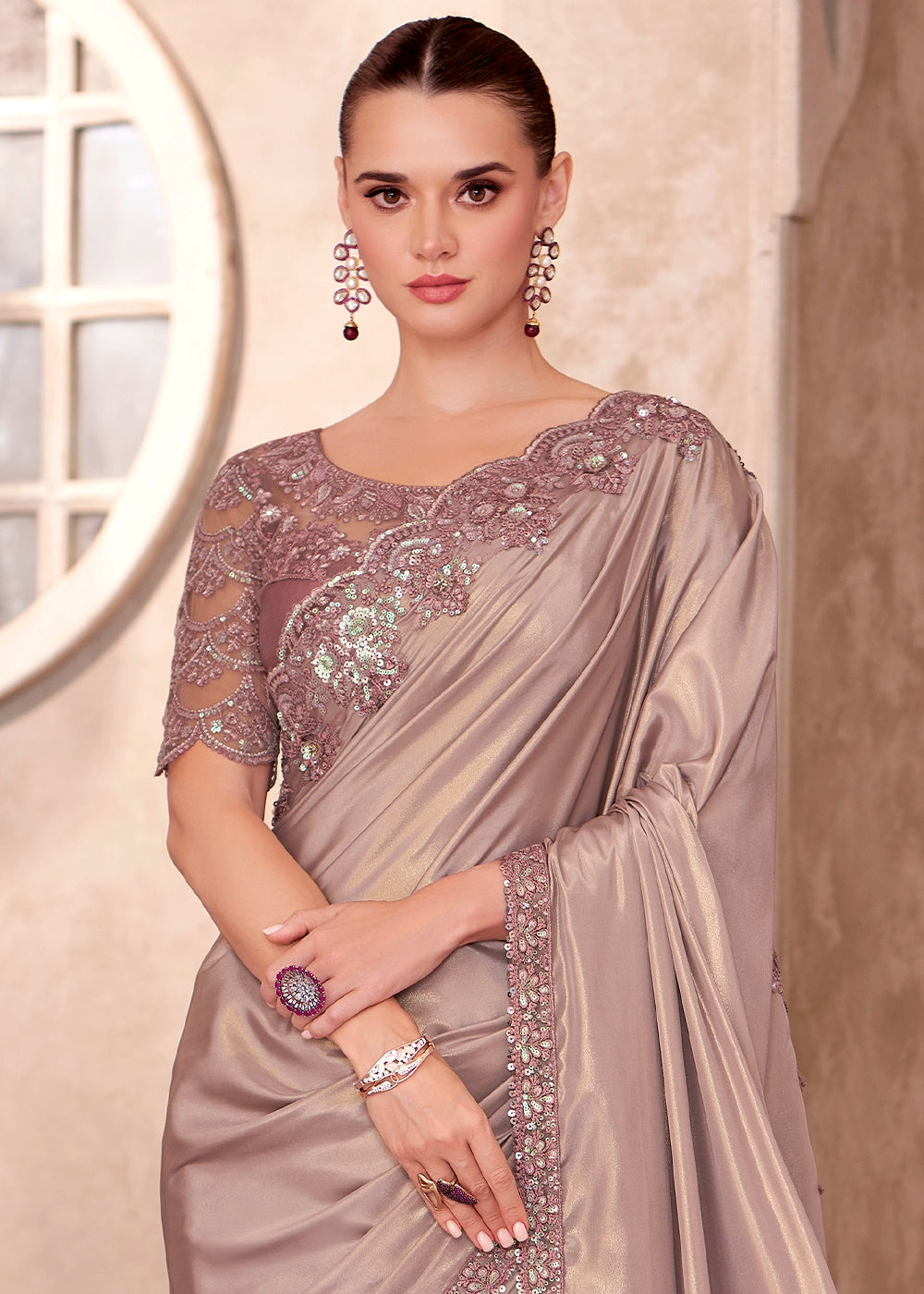 Pale Purple Shimmer Silk Crepe Saree with Embroidered Designer Blouse